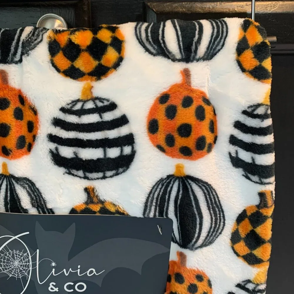 Pumpkin Velvet Plush Throw Black White Check Orange Oversized NWT